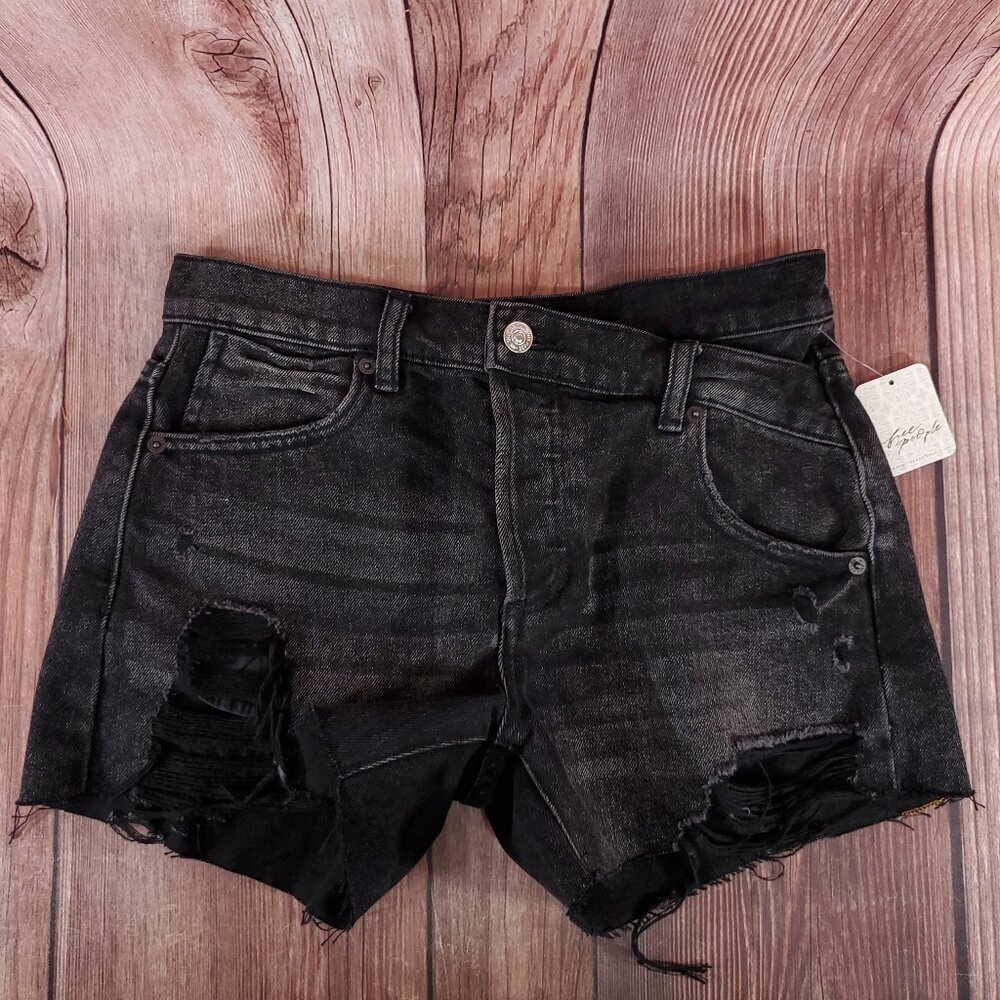 NWT Free People Womens Size 25 Asymmetrical Waist Black Denim Distressed Shorts